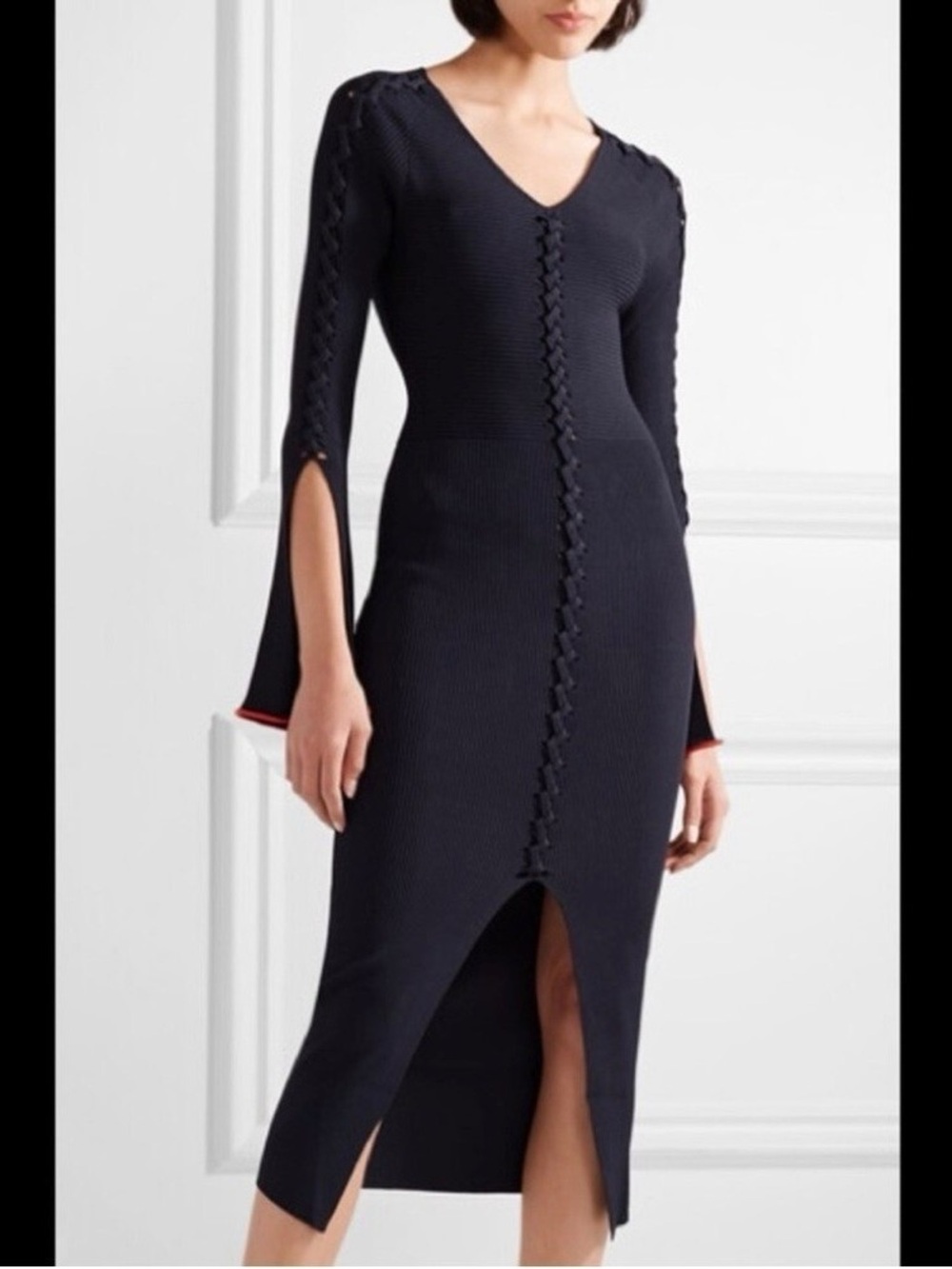 Opening Ceremony navy Ribbed Long Sleeve Dress with Orange Edge